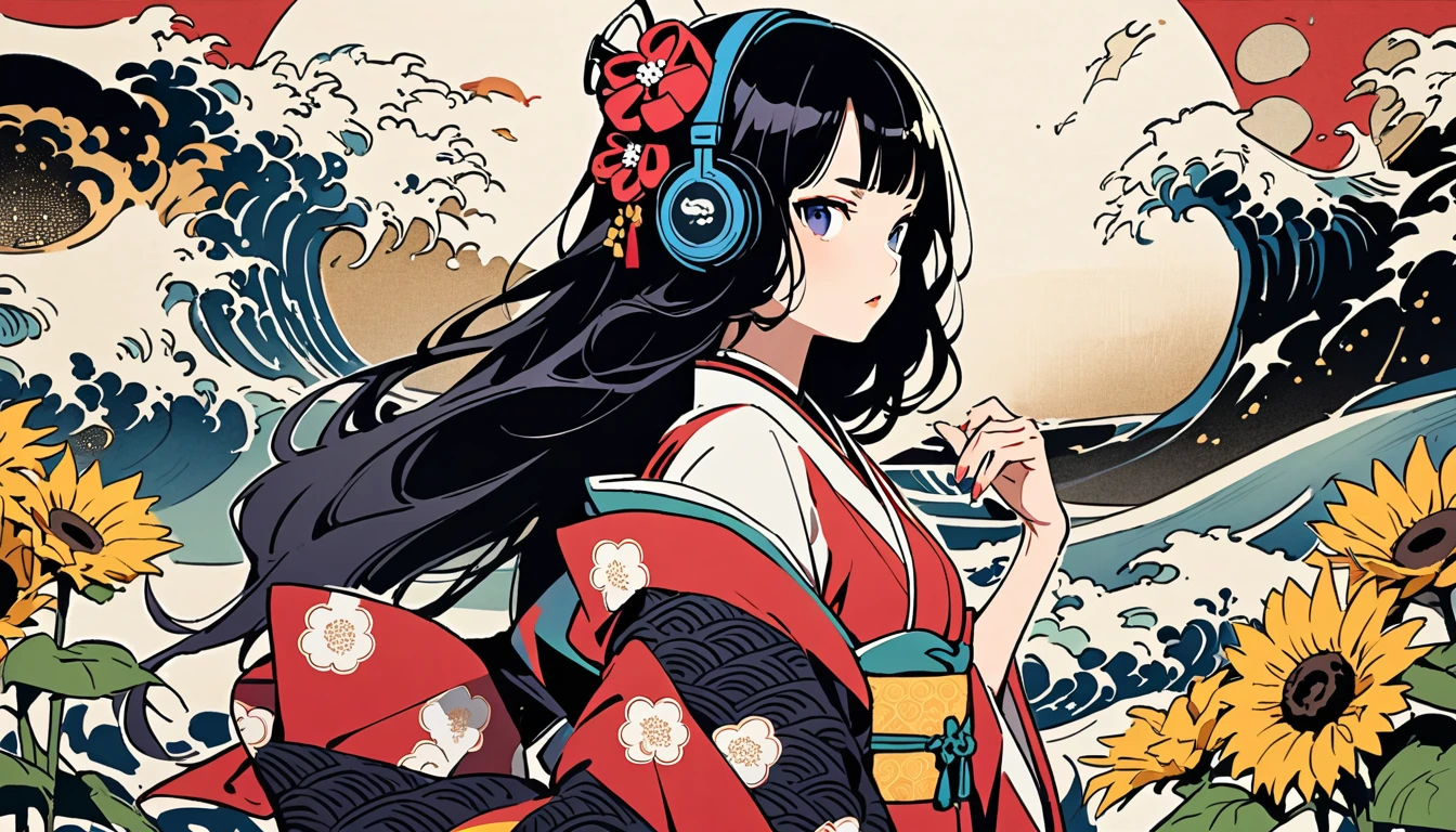 Highest quality, Katsushika Hokusai, Ink Painting, (((longhair))), Japanese style headphones, sunflower, beautiful girl, Black Hair, Delicate and precise, Modern ukiyo-e style,