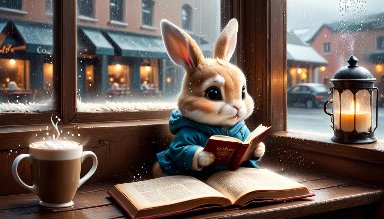 It's raining outside. A scene from a cafe with a warm atmosphere. An anthropomorphized baby rabbit is reading a book while drinking hot chocolate at a window seat. The warm light and calm expression are impressive.