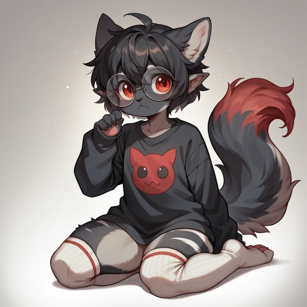 detailed artwork, young and cute dark-haired furry, Furry with black fur, furry (anthro lobo de pele preta fofa), pointy ears, black short hair, black ears, red shine eyes, god of eyes, black round glasses without lenses, real wolf muzzle, black and fluffy hair all over the body, Black sweater with white stripes, black hair on thighs, cute thighs, detailed thighs, shiny thighs, black and fluffy wolf tail, white silk socks with gray print on the edge, sitting on knee legs, showing bottom, detailed groin, no clothing, Cute pose