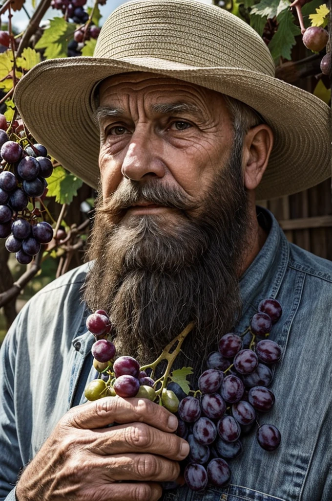 80 year old man suffering from hat, Large Beard, holding bunch of grapes close to face