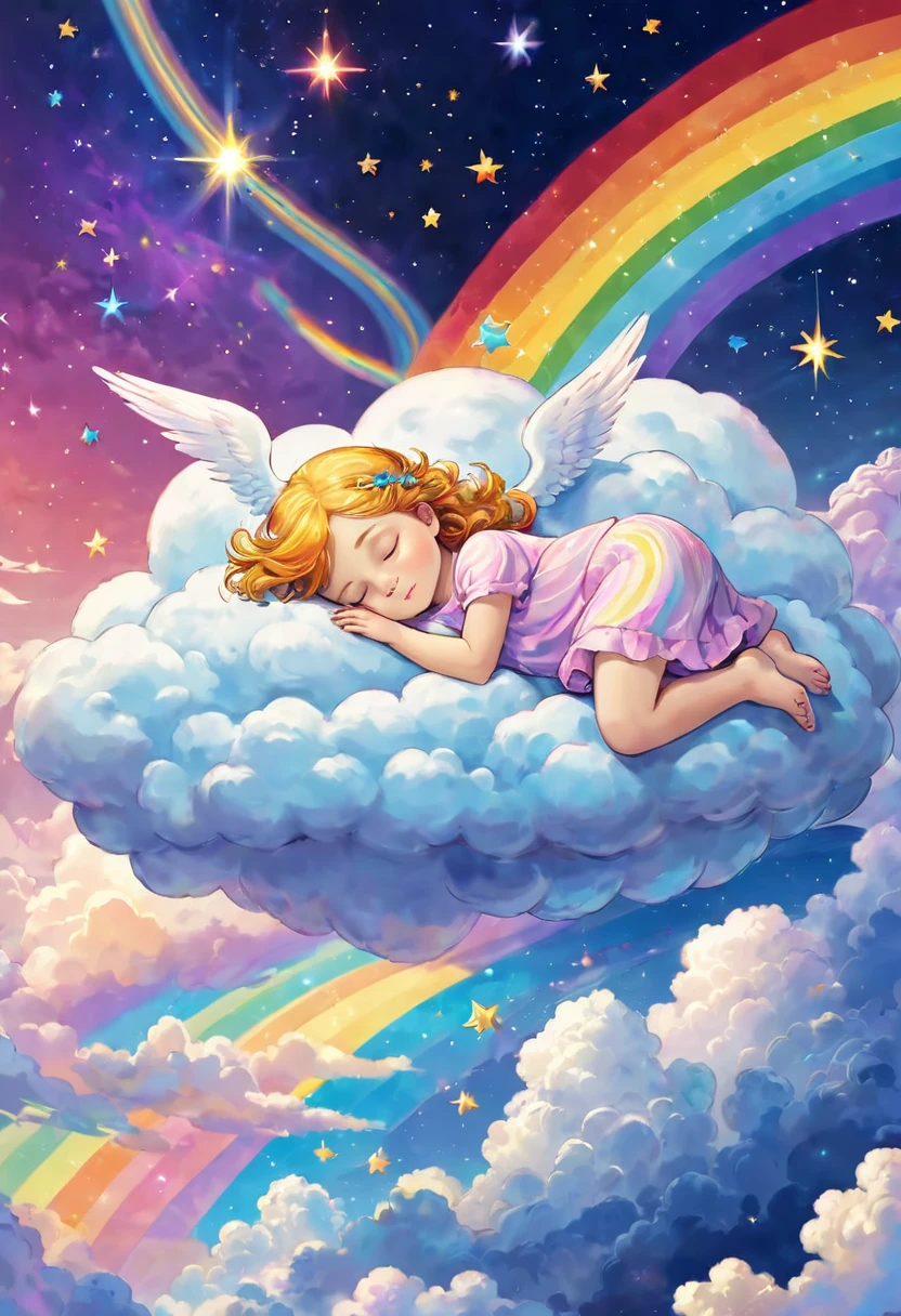 Angel sleeping on a fluffy cloud, sleep, happiness, outer space, rainbow, planet, shooting star