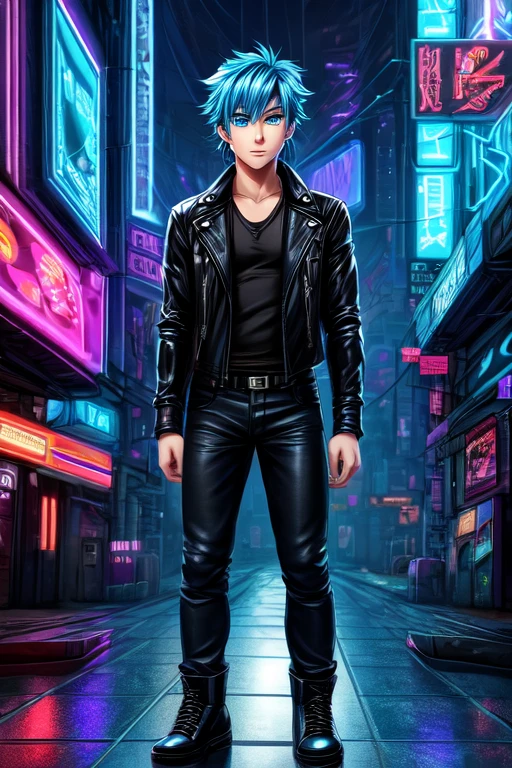 handsome anime boy, blue eyes and beautiful like diamonds, hair blue like the sea, his face carved by the angels themselves, a black leather jacket, a pair of jeans, pure black leather shoes, cyberpunk city background