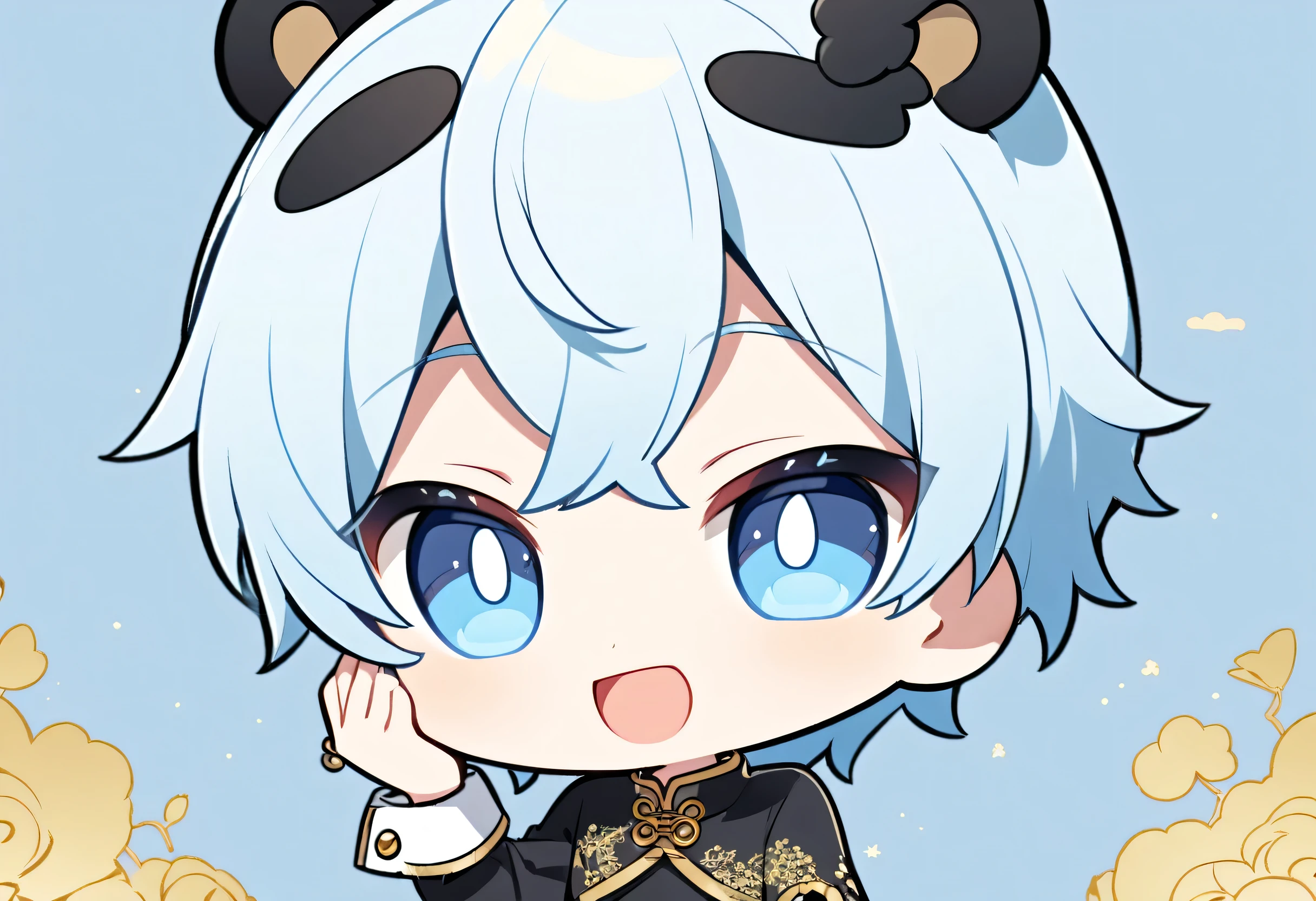 Create an anime-style illustration The character is in chibi style The character is a young man with short light blue hair and blue eyes He is wearing a black Chinese dress The dress has gold buttons and white cuffs Add a panda costume on top of the dress The character has a cheerful and slightly mischievous expression He has one hand on his face The background is pale yellow