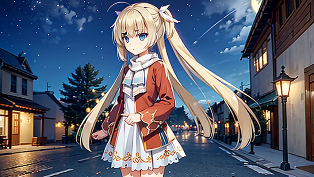 ((masterpiece)),(best quality),Official Art,Extremely detailed CG,Unity 8K wallpaper,Very detailed,Beautiful and delicate eyes,Extremely detailed face,1 girl,solitary,,(whole body:1.5),(small:1.3),，winter，Frost Circle，Light up the lights，Wish you a Happy New Year，Spring Festival，Wear a long red scarf，Red Jacket，Walking in the street，Celebrate in a warm atmosphere