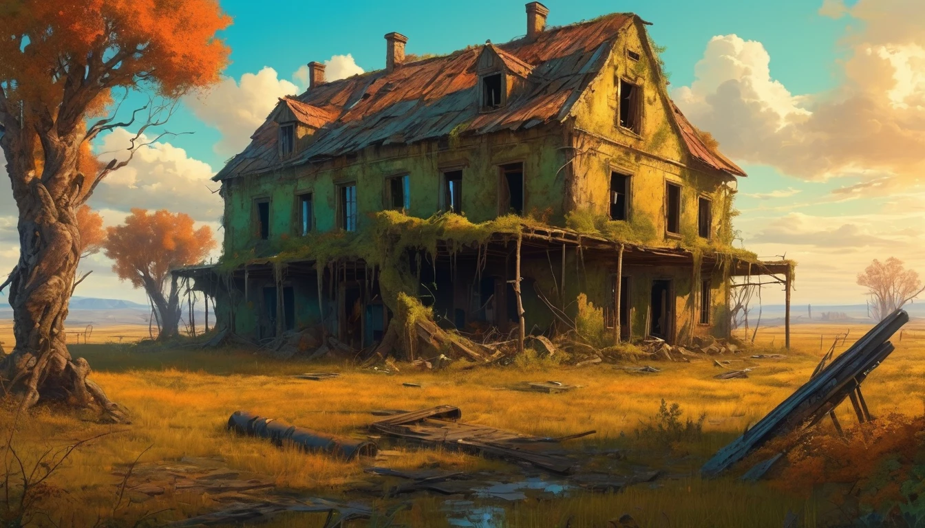 A post-apocalyptic version of the farmhouse with dilapidated structures, overgrown vegetation, and a desolate atmosphere. Style of Zdzislaw Beksinski. Hyper realistic photo, vibrant colors, 16k