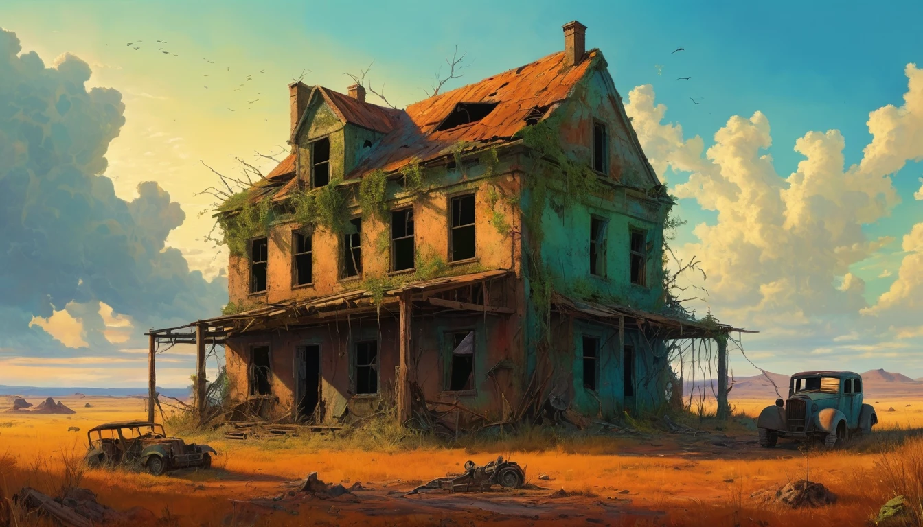 A post-apocalyptic version of the farmhouse with dilapidated structures, overgrown vegetation, and a desolate atmosphere. Style of Zdzislaw Beksinski. Hyper realistic photo, vibrant colors, 16k