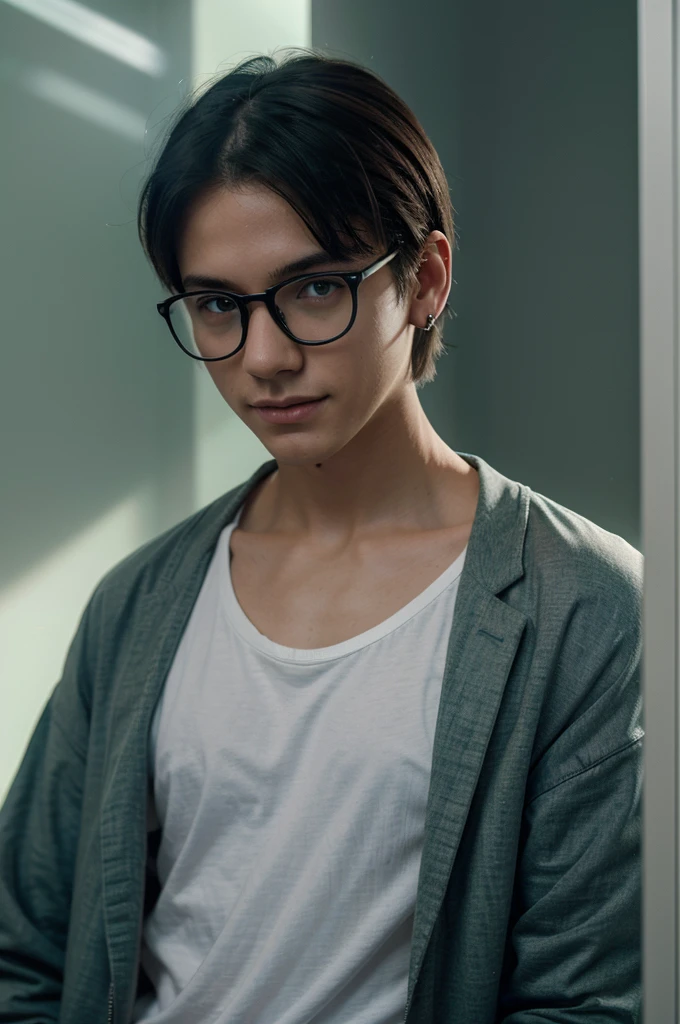 a cool student, (male), short hair, thin smile, wearing narrow mental rimmed glasses, left ear earring, wearing a gray jacket, plain white t-shirt, black jeans,((green background)),(style anime), (cinematic lighting), (ray tracing), ((reflected light)), ((half body shot)), atmospheric perspective, masterpiece, accurate, ((best quality)), high quality, super detailed, high detail , anatomically correct , High resolution, 1080p,