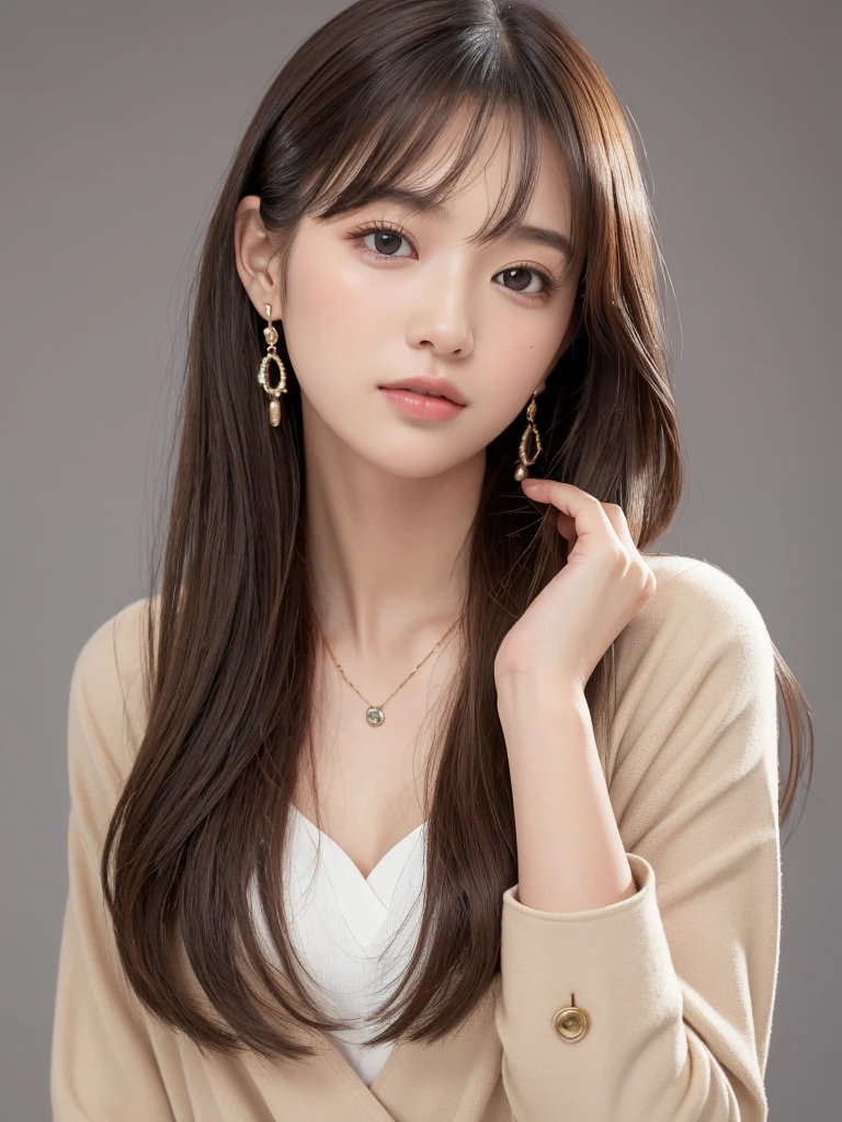 ((Highest quality, 8K, masterpiece:1.3)), concentrate: 1.2, Perfect body beauty: 1.4, Hips: 1.2, ((Long Hair, chest: 1.2)), (Dry clothes: 1.1) , (clear, Simple Background:1.3), Simple clothes: 1.1, Highly detailed face and skin texture,Delicate eyes, double eyelid, Whitened skin, Rough skin、Long Hair、Earrings with bangs、necklace、 solo、Beige coat、White shirt, (((Beautiful girl with cute Japan)))、 ((Beautiful Japanese girl 20 years old))、 ((Baby Face))、 (((Slender body)))、 Upper Body,Face focus、necklace,Simple Background,From above, Realistic Hair、 A photograph was taken:Canon EOS R6、135mm、1/1250 seconds、f2.8、ISO400、(Detailed explanation of the hand)、(Masseter muscle area)、(Exquisite CG)、Long Hair, loose and curly hair、Korean Hair、Long Hair明るいベージュ色、グラデーションハイライトグレージュのゆるふわLong Hairスタイル、