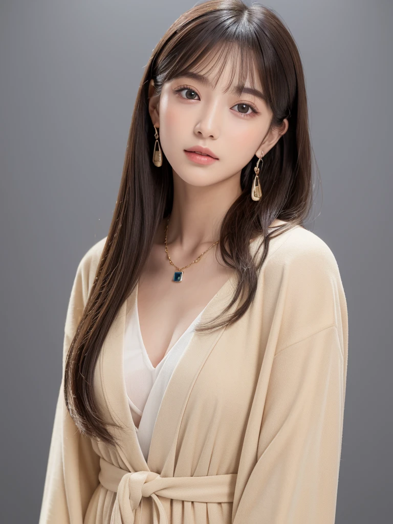 ((Highest quality, 8K, masterpiece:1.3)), concentrate: 1.2, Perfect body beauty: 1.4, Hips: 1.2, ((Long Hair, chest: 1.2)), (Dry clothes: 1.1) , (clear, Simple Background:1.3), Simple clothes: 1.1, Highly detailed face and skin texture,Delicate eyes, double eyelid, Whitened skin, Rough skin、Long Hair、Earrings with bangs、necklace、 solo、Beige coat、White shirt, (((Beautiful girl with cute Japan)))、 ((Beautiful Japanese girl 20 years old))、 ((Baby Face))、 (((Slender body)))、 Upper Body,Face focus、necklace,Simple Background,From above, Realistic Hair、 A photograph was taken:Canon EOS R6、135mm、1/1250 seconds、f2.8、ISO400、(Detailed explanation of the hand)、(Masseter muscle area)、(Exquisite CG)、Long Hair, loose and curly hair、Korean Hair、Long Hair明るいベージュ色、グラデーションハイライトグレージュのゆるふわLong Hairスタイル、
