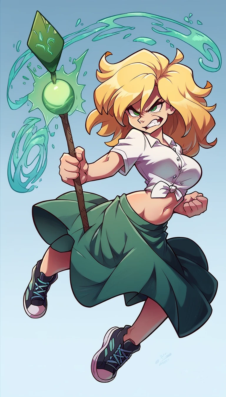 A tall girl beautiful angry upset face angry serious long wavy yellow hair her green eye dresses white shirt button tied knot shows navel curve sexy and her green skirt wearing black heel sneakers fight combat spear energy ball blue powder background temple
