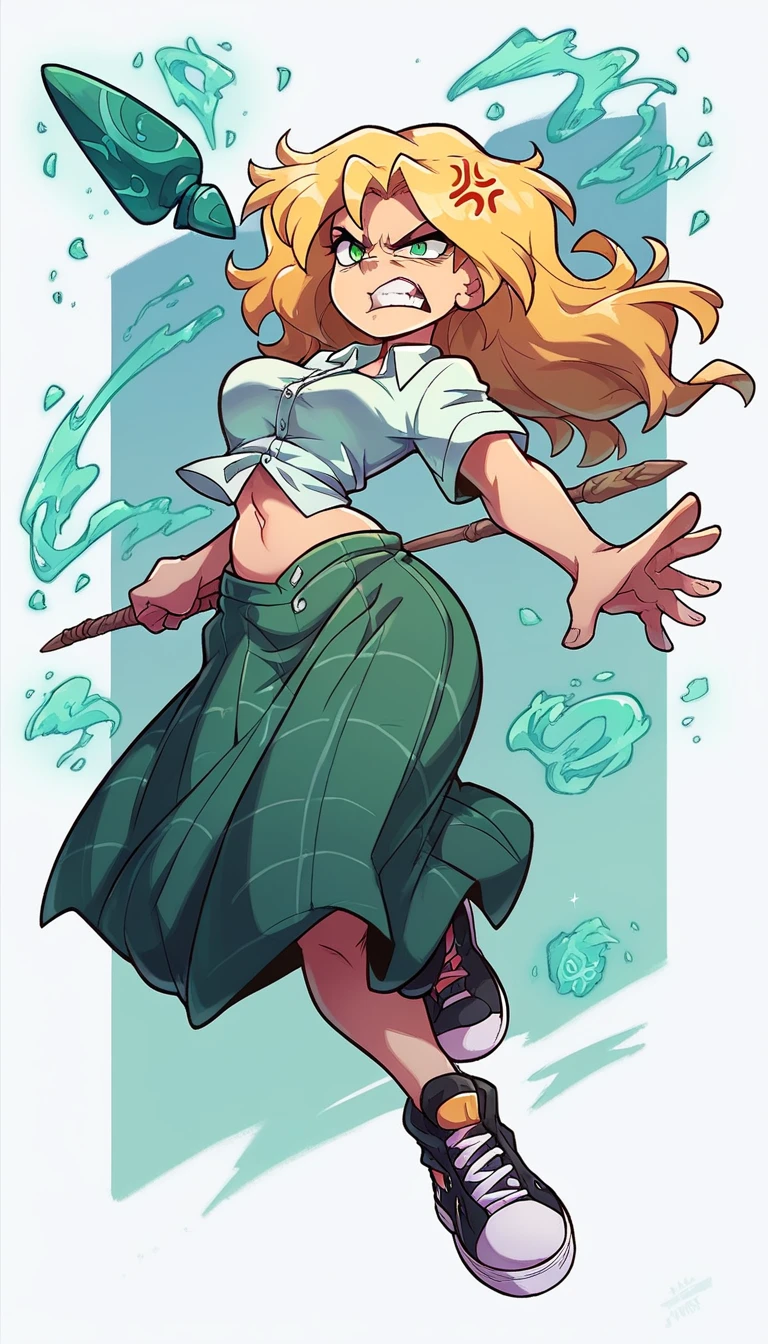 A tall girl beautiful angry upset face angry serious long wavy yellow hair her green eye dresses white shirt button tied knot shows navel curve sexy and her green skirt wearing black heel sneakers fight combat spear energy ball blue powder background temple