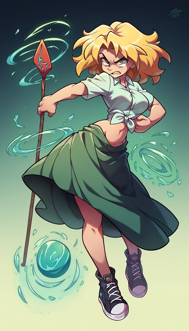 A tall girl beautiful angry upset face angry serious long wavy yellow hair her green eye dresses white shirt button tied knot shows navel curve sexy and her green skirt wearing black heel sneakers fight combat spear energy ball blue powder background temple 