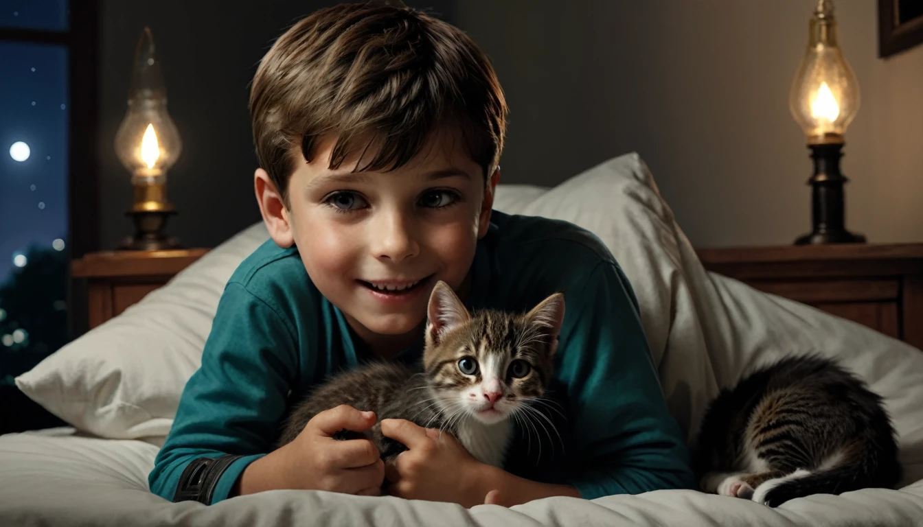 A boy is lying in bed with a kitten. A heartwarming scene at night.