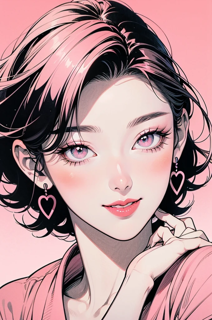 ((Manga illustration)), ((Lisa Black Pink)) close up portrait ,solo , medium short hair,  looking at viewer, blush , smile , happy , red lipstick,close up portrait, solo, focus on eyes, plain background, (in vector style), ((monochrome Manga drawing))