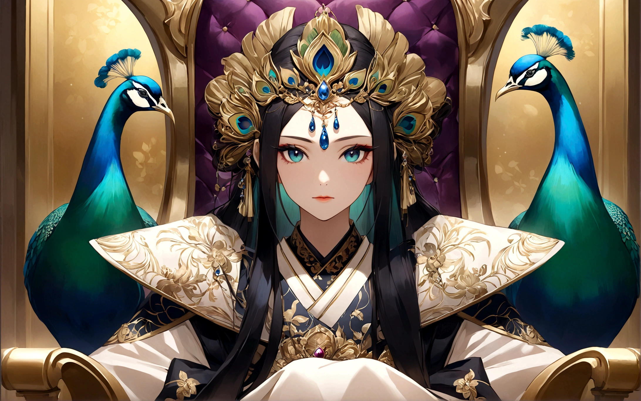 individual,Beautiful painting style,Beauty,Beautiful and dignified appearance,Contempt,Three-dimensional facial features,Peerless face,Exquisite and gorgeous,illustration,sacred,Inviolability,,Looking down on the world, majesty,magic, Exquisite hairstyle,Royal sister,,Long eyelashes,Exquisite hair accessories,Sitting on the throne,Soft Light,Clothes are conservative,Not exposed, A kimono with exquisite patterns of the royal family,The clothes are embellished with peacock feather patterns,emperor