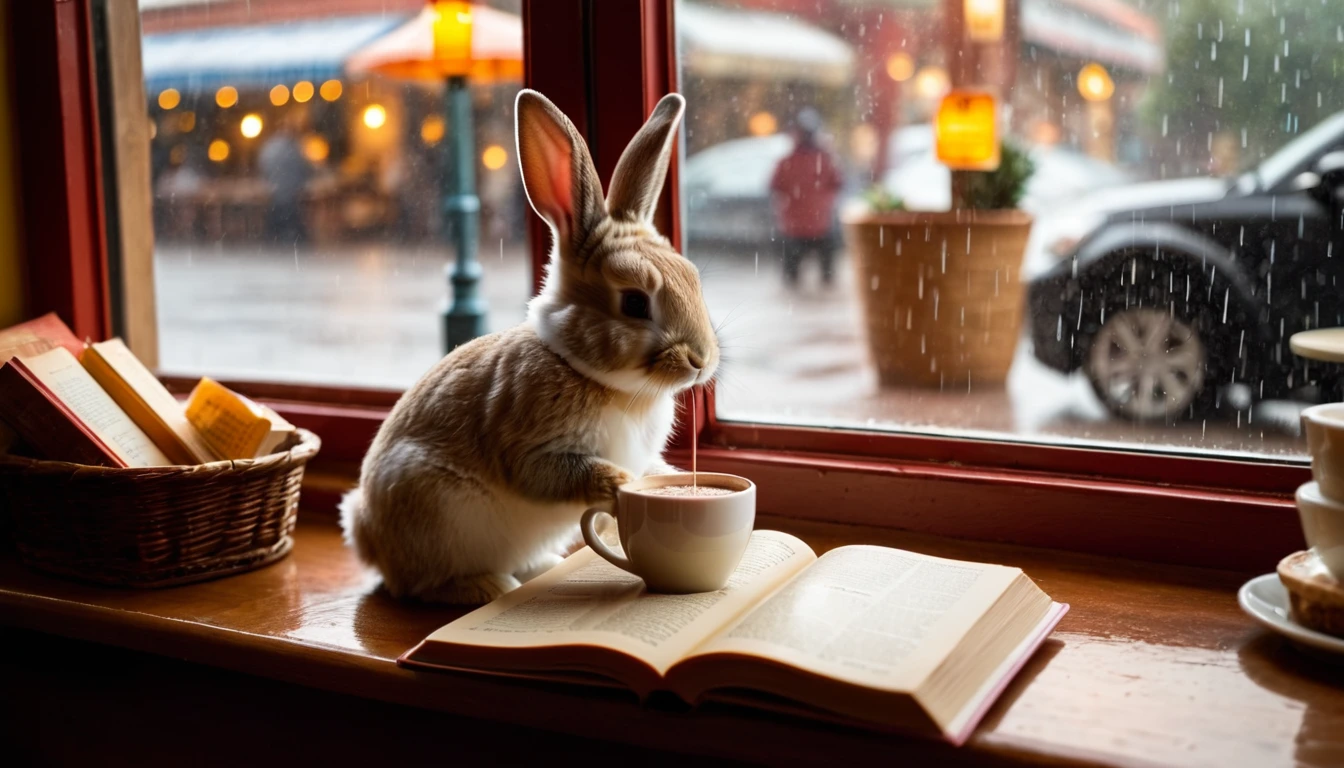 It's raining outside. A scene from a cafe with a warm atmosphere. An anthropomorphized baby rabbit is reading a book while drinking hot chocolate at a window seat. The warm light and calm expression are impressive.