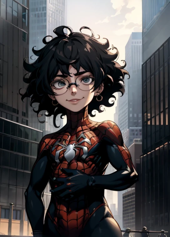 Spider suit, world Wide Web print, world Wide Web, Spider-Man, Tafah, silly, the tiny details, Human development report, ((Highly detailed face and eyes)), Realistic,, Focus on the eyes,, Standing on the roof of a skyscraper, ((Without mask)), Looking at the viewer, He smiles, Black hair, Focus boy, big hair, Curly hair, Round glasses, Earrings, , New York buildings wallpaper,