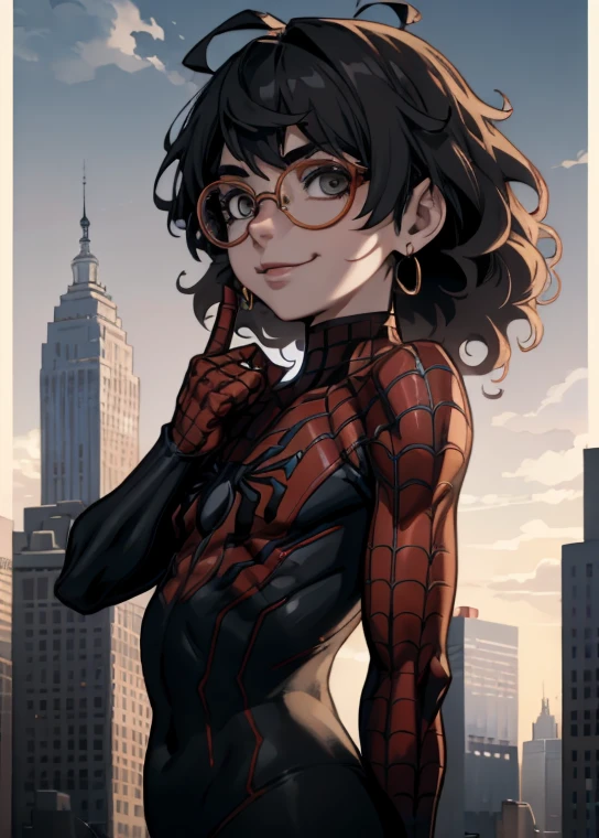 Spider suit, world Wide Web print, world Wide Web, Spider-Man, Tafah, silly, the tiny details, Human development report, ((Highly detailed face and eyes)), Realistic,, Focus on the eyes,, Standing on the roof of a skyscraper, ((Without mask)), Looking at the viewer, He smiles, Black hair, Focus boy, big hair, Curly hair, Round glasses, Earrings, , New York buildings wallpaper,