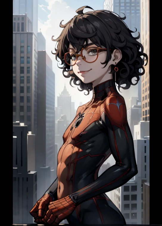 Spider suit, world Wide Web print, world Wide Web, Spider-Man, Tafah, silly, the tiny details, Human development report, ((Highly detailed face and eyes)), Realistic,, Focus on the eyes,, Standing on the roof of a skyscraper, ((Without mask)), Looking at the viewer, He smiles, Black hair, Focus boy, big hair, Curly hair, Round glasses, Earrings, , New York buildings wallpaper,