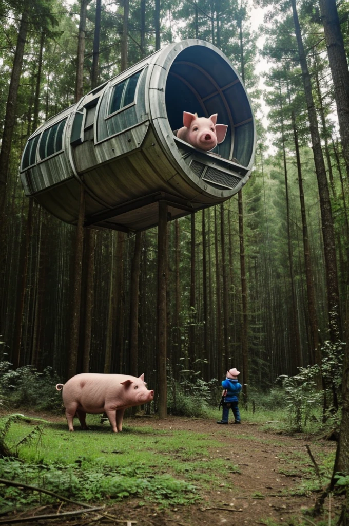 A pig lost in the forest looks at a spaceship 