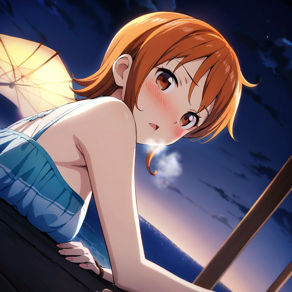 1 Girl, Nami, Ocean贼王, Game CG, Solitary, Viewers, outdoor, night, Ocean, Beach,blush, breathe, avatar,Half Body,angle, masterpiece, best quality