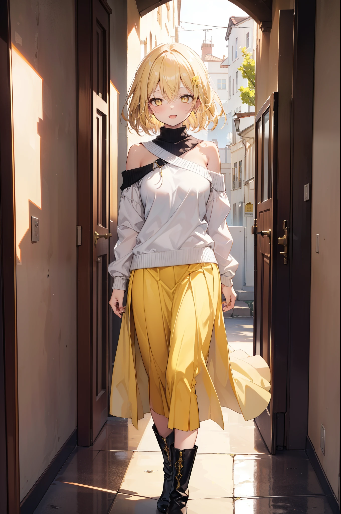 (アイスWallenstein, Wallenstein, blonde, Hair between the eyes, hair band, happy smile, smile, Open your mouth,Blonde,Long Hair, (Yellow Eyes:1.5),One-shoulder sweater,Long skirt,short boots,Walking,Daytime,Clear skies,whole bodyがイラストに入るように,　　　　　　　　　　　　　　　　　break looking at viewer, whole body,　　　　　　　　　　　break indoors,School,corridor,　　　　　　　　　　　　　　　 break (masterpiece:1.2), Highest quality, High resolution, unity 8k wallpaper, (shape:0.8), (Beautiful and beautiful eyes:1.6), Highly detailed face, Perfect lighting, Extremely detailed CG, (Perfect hands, Perfect Anatomy),