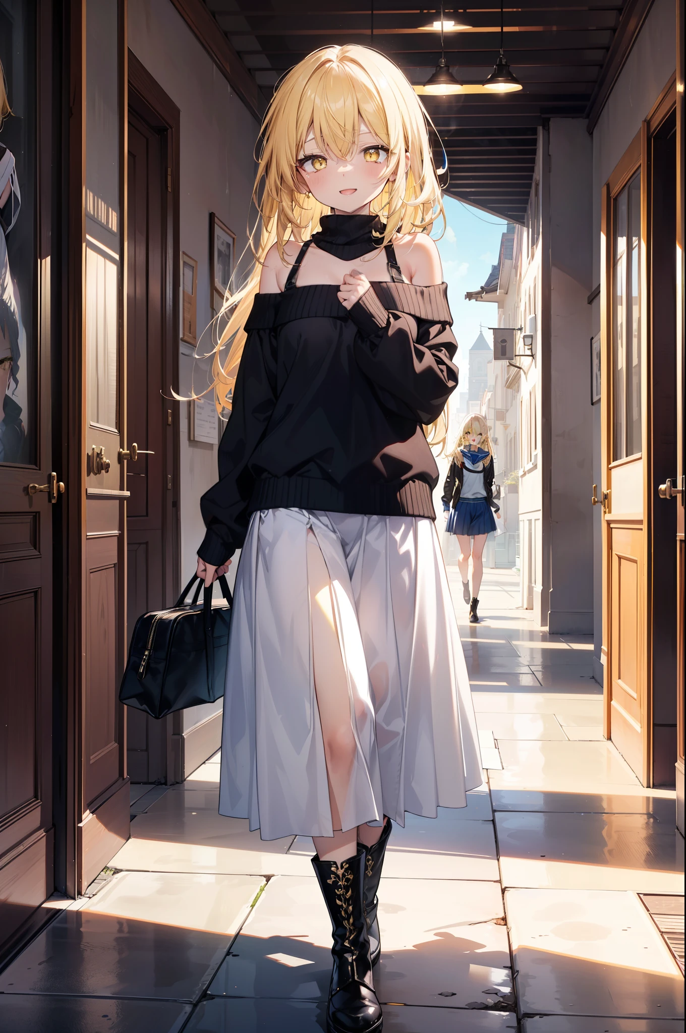 (アイスWallenstein, Wallenstein, blonde, Hair between the eyes, hair band, happy smile, smile, Open your mouth,Blonde,Long Hair, (Yellow Eyes:1.5),One-shoulder sweater,Long skirt,short boots,Walking,Daytime,Clear skies,whole bodyがイラストに入るように,　　　　　　　　　　　　　　　　　break looking at viewer, whole body,　　　　　　　　　　　break indoors,School,corridor,　　　　　　　　　　　　　　　 break (masterpiece:1.2), Highest quality, High resolution, unity 8k wallpaper, (shape:0.8), (Beautiful and beautiful eyes:1.6), Highly detailed face, Perfect lighting, Extremely detailed CG, (Perfect hands, Perfect Anatomy),