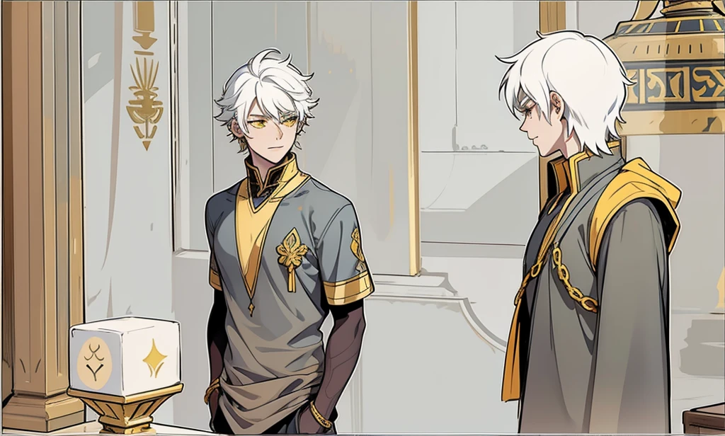 There are two demigods, they are 18 years old, white hair, yellow eyes, golden jewelry, black and yellow tunics. , They are being serious , They are in a room in a palace in ancient Egypt.