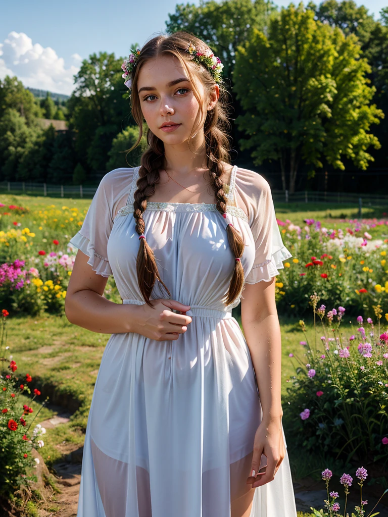 Rain, wet clothes, Russian beauty, curvaceous figure, dark hair, thick long braid, Russian folk outfit, neckline, against the backdrop of a field of flowers, looking at the viewer, front view, sunlight passing through the hair, depth of field, bokeh