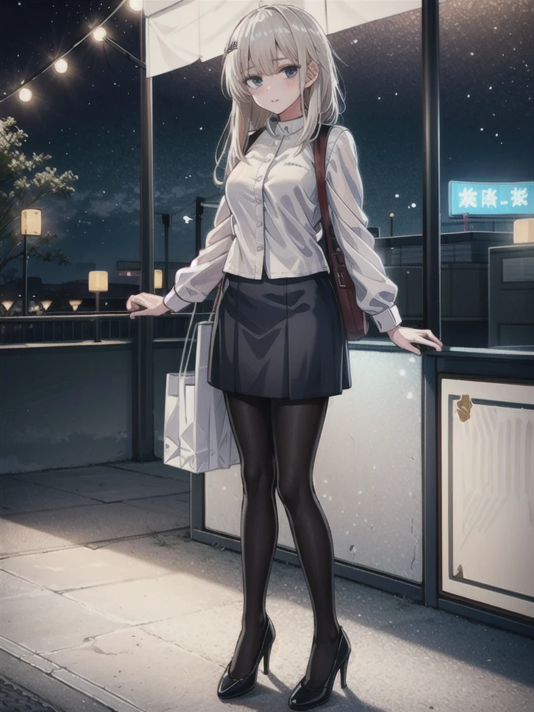 1girl, solo, female, ak-74m, white shirt, standing, full body shot's, blue skirt, outdoor, night, 4k, bokeh, pantyhose, carying a bag, mature woman, a date, one bag, high heels