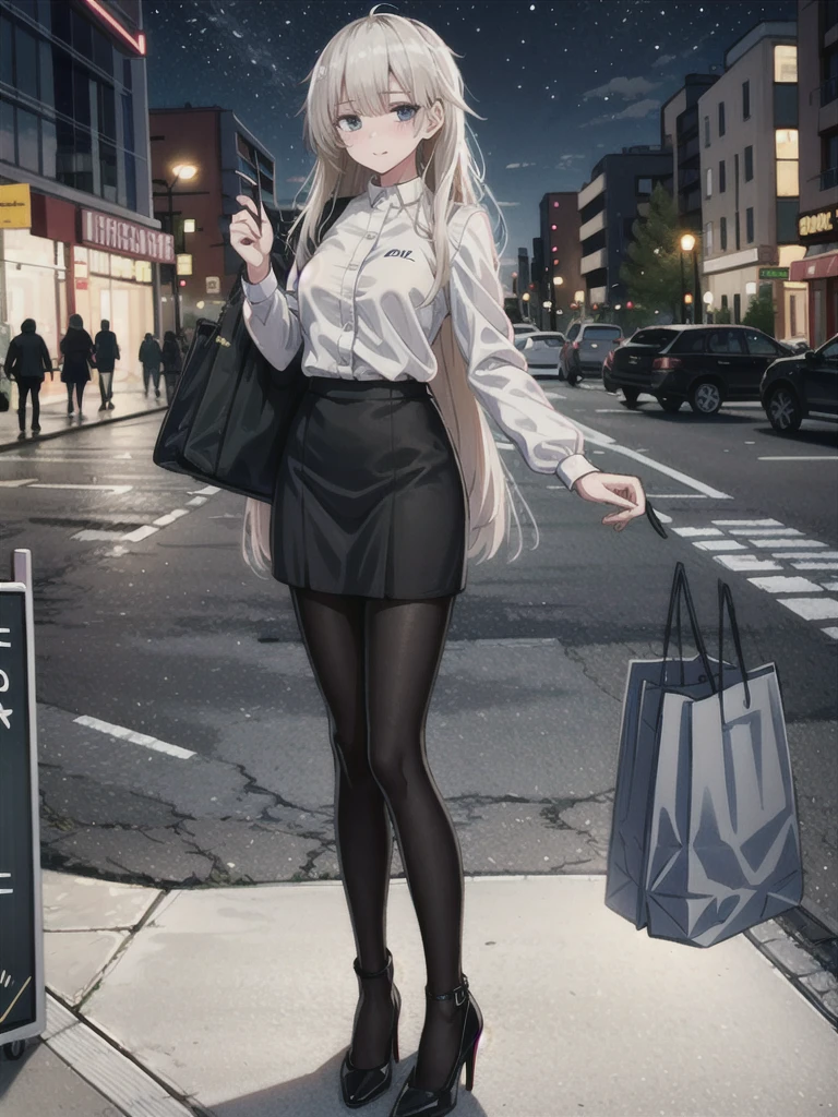 1girl, solo, female, ak-74m, white shirt, standing, full body shot's, blue skirt, outdoor, night, 4k, bokeh, pantyhose, carying a bag, mature woman, a date, one bag, high heels 