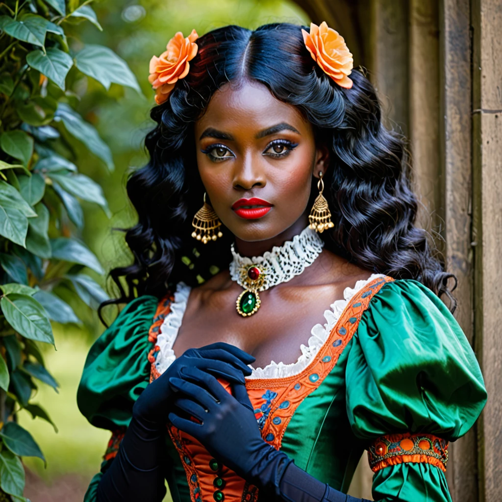 dark skin woman, with orange eyes, green and blue victorian era dress, with long wavy black hair, short black gloves on hands, a red ring on her finger, lips a little wide, golden hoops in her ears