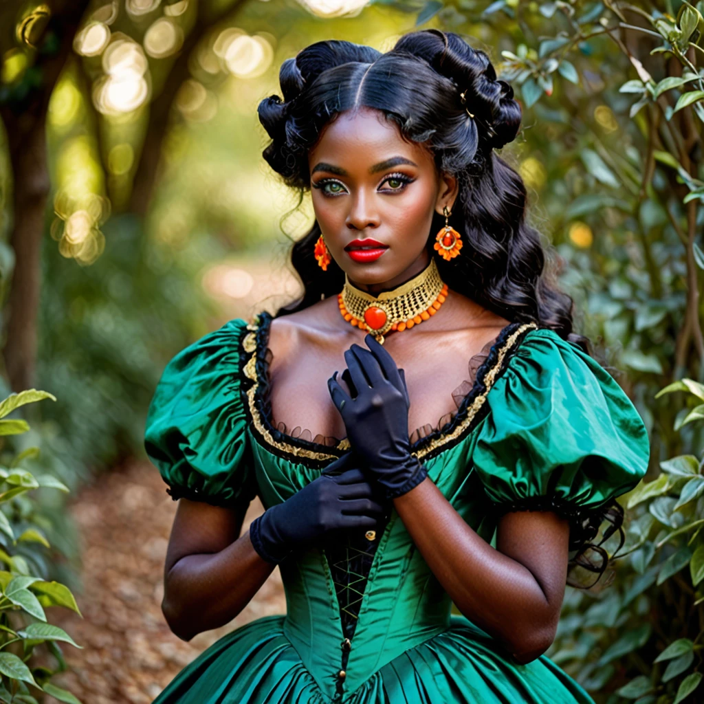 dark skin woman, with orange eyes, green and blue victorian era dress, with long wavy black hair, short black gloves on hands, a red ring on her finger, lips a little wide, golden hoops in her ears