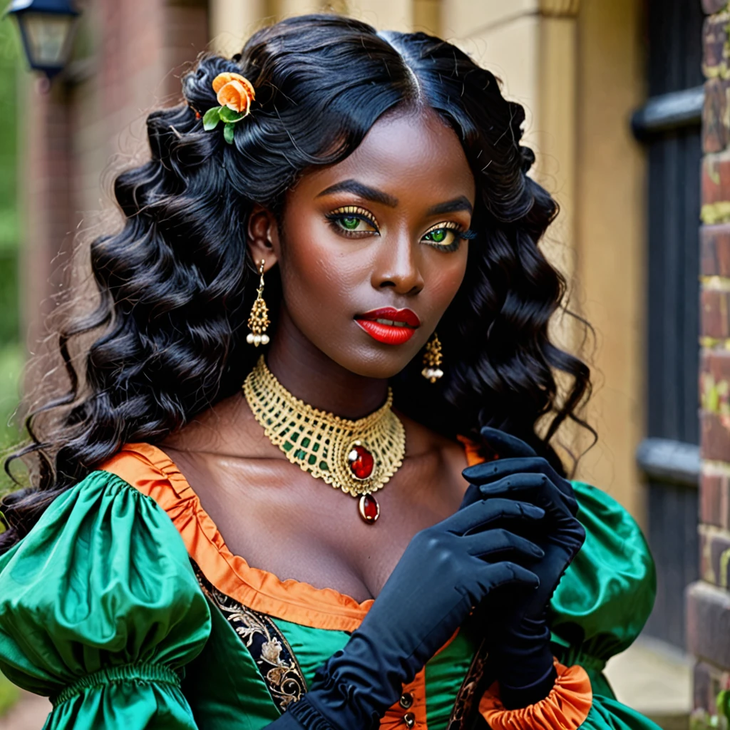 dark skin woman, with orange eyes, green and blue victorian era dress, with long wavy black hair, short black gloves on hands, a red ring on her finger, lips a little wide, golden hoops in her ears