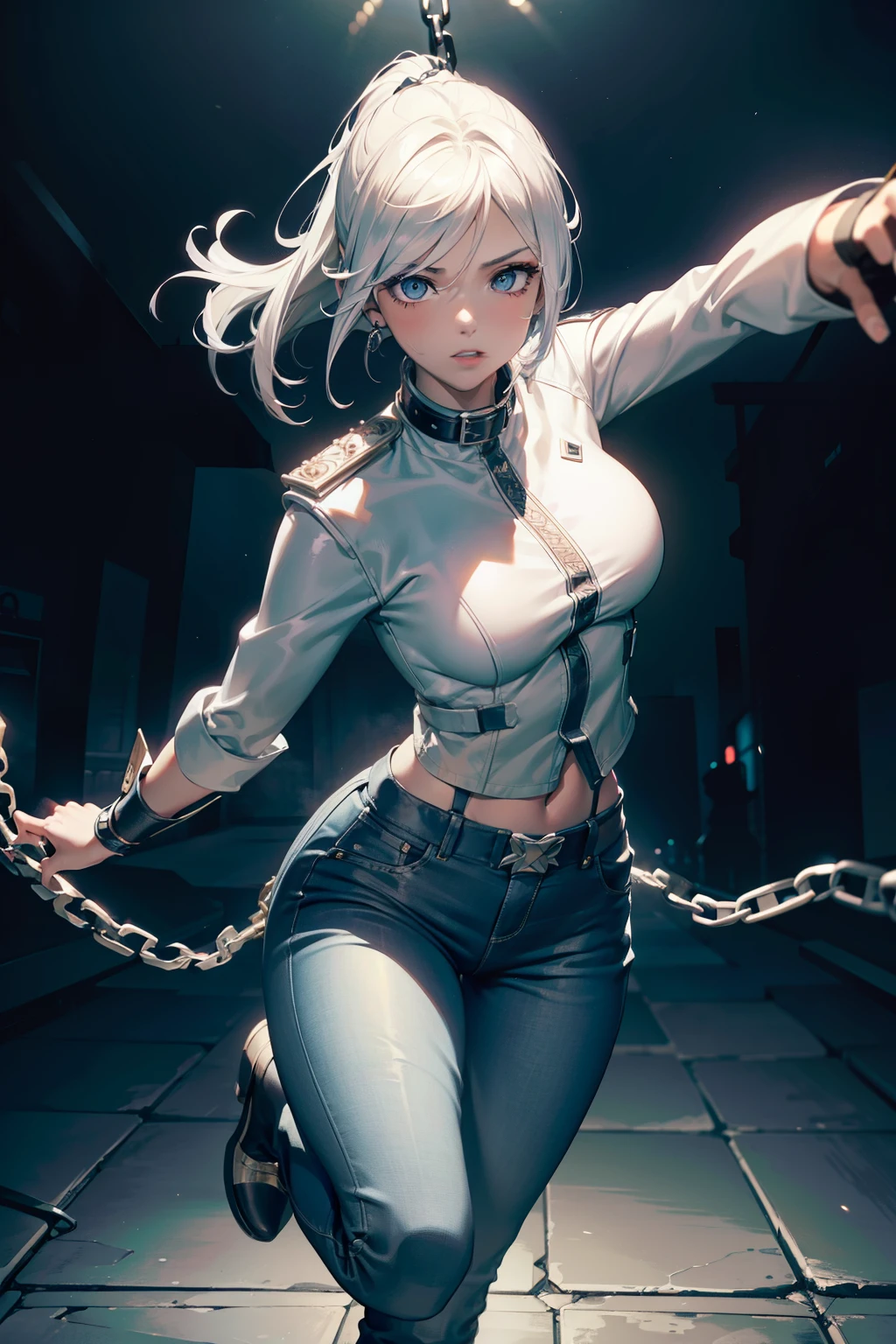 a beautiful young woman with piercing silver eyes, a perfect angelic face, white hair, wearing a white jacket, jeans, and fingerless gloves, in an attacking pose, dancing around chains and swinging them along her body, wearing long boots, (best quality,4k,8k,highres,masterpiece:1.2),ultra-detailed, highly detailed portrait, intricate details,chiaroscuro lighting,dramatic lighting,dramatic pose,dynamic composition,cinematic