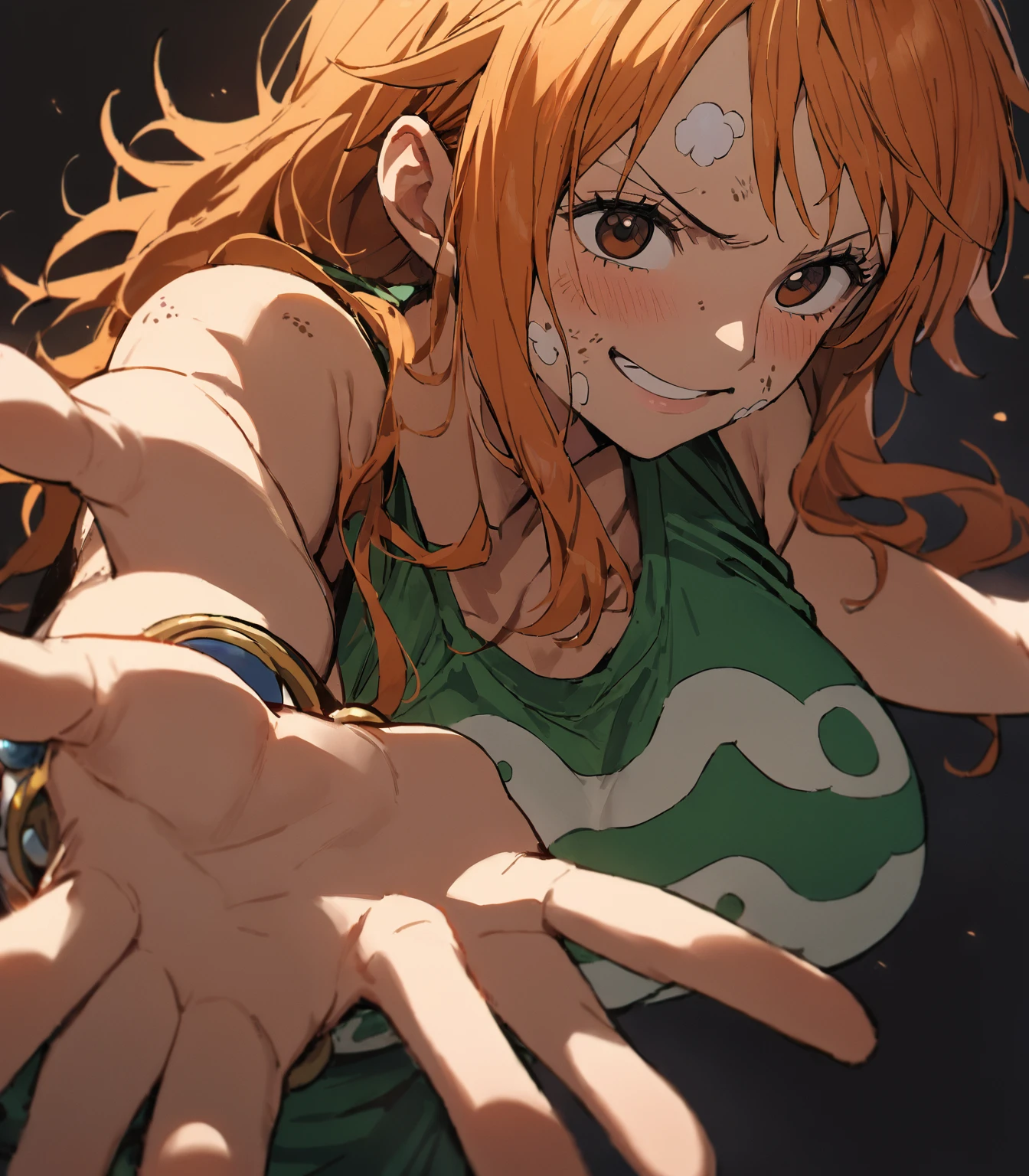 1 Girl, Nami \(One Piece\), one piece, Dirty face, Outstretched Hand, close up, angle, shorten, dark, dark background, masterpiece, best quality