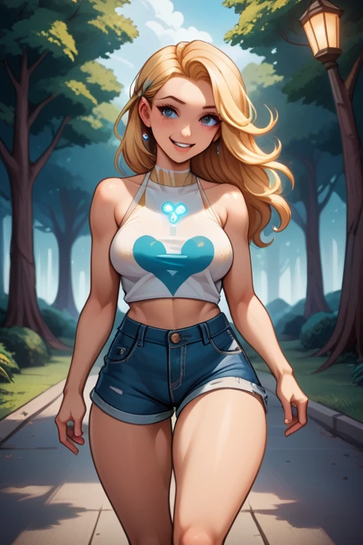 tall woman(blue eyes; long wavy blonde hair; large full breasts; pale skin tone; glowing LED heart tattoos; soft-features; feminine figure; very attractive), Disney-style cgi, walking through the park with a sultry smile; sunny day in the park; futuristic; dystopian; cyberpunk; best quality; trending on artstation; complex volumetric lighting; wearing jean-shorts; bright and sunny day;