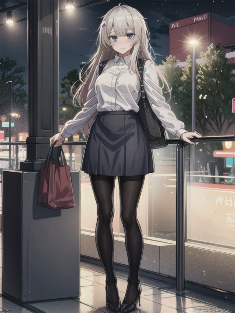 1girl, solo, female, ak-74m, white shirt, standing, full body shot's, blue skirt, outdoor, night, 4k, bokeh, pantyhose, carying a bag, mature woman, a date, one bag, high heels