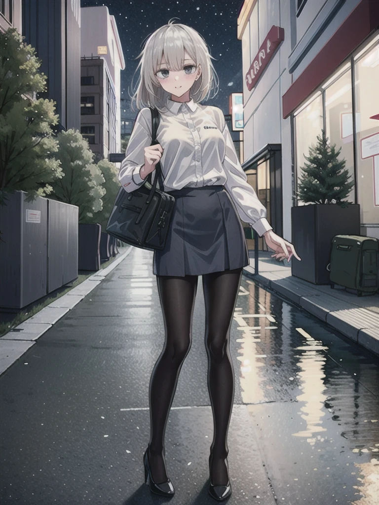 1girl, solo, female, ak-74m, white shirt, standing, full body shot's, blue skirt, outdoor, night, 4k, bokeh, pantyhose, carying a bag, mature woman, a date, one bag, high heels