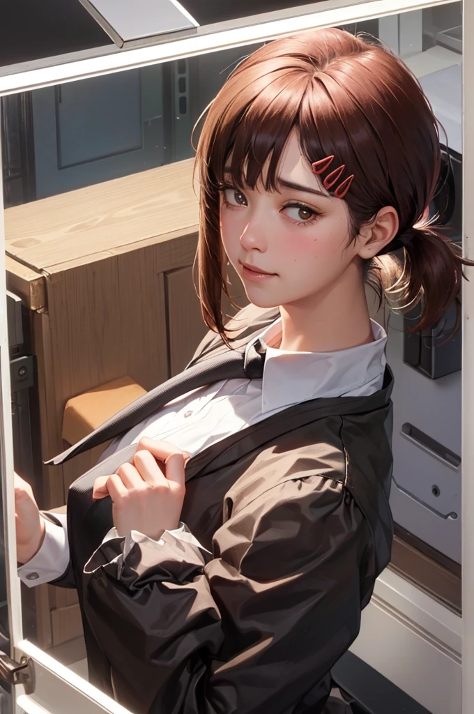 masterpiece, best quality, ultra-detailed, illustration, epic lighting, cinematic composition, isometric, 1girl, solo, cute, brown eyes, black hair, swept bangs, single sidelock, red hairclip, white collared shirt, black necktie, black pants, formal, enchanting gaze, captivating pose, indoors, office, door, opening door, looking at viewer, peeking out upper body, blush, seductive smile, closed mouth,(8k:1.1),