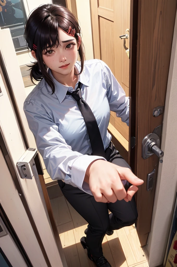 masterpiece, best quality, ultra-detailed, illustration, epic lighting, cinematic composition, isometric, 1girl, solo, cute, brown eyes, black hair, swept bangs, single sidelock, red hairclip, white collared shirt, black necktie, black pants, formal, enchanting gaze, captivating pose, indoors, office, door, opening door, looking at viewer, peeking out upper body, blush, seductive smile, closed mouth,(8k:1.1),