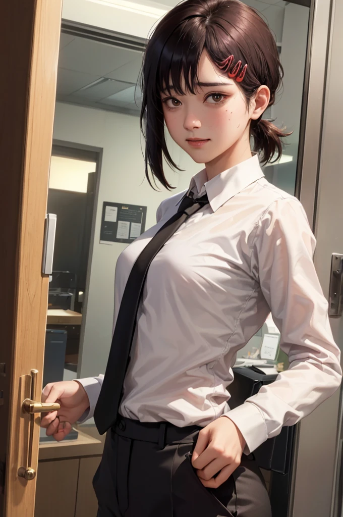 masterpiece, best quality, ultra-detailed, illustration, epic lighting, cinematic composition, isometric, 1girl, solo, cute, brown eyes, black hair, swept bangs, single sidelock, red hairclip, white collared shirt, sleeveless outfit, black necktie, black pants, formal, enchanting gaze, captivating pose, indoors, office, door, opening door, looking at viewer, peeking out upper body, blush, seductive smile, closed mouth,(8k:1.1), armpits visible