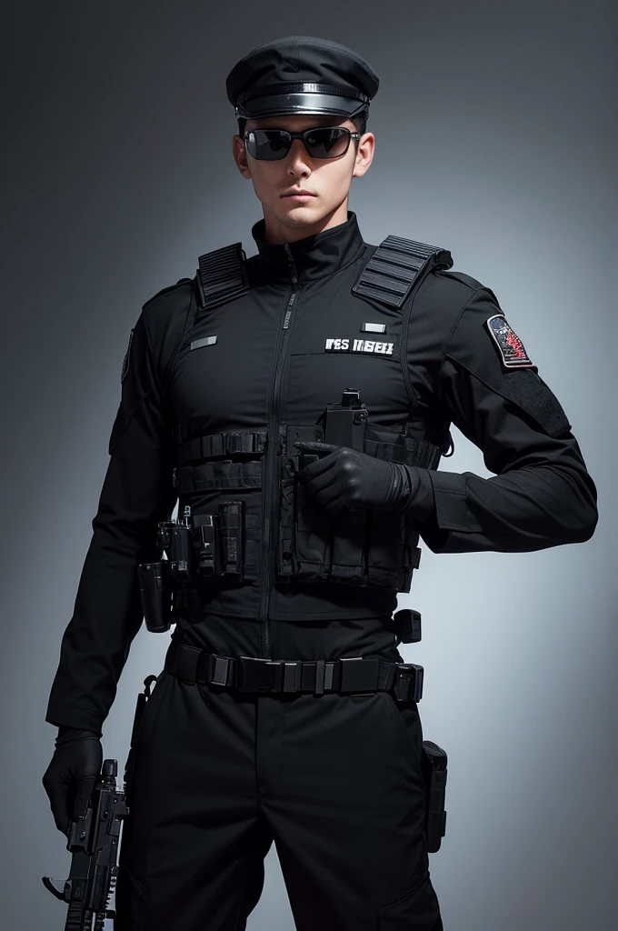 An SCP soldier. He has an all-black SWAT uniform with black mirrored protective glasses., has the SCP acronym on the shoulder and chest. He is holding an MP5 with both hands and pointing forward.