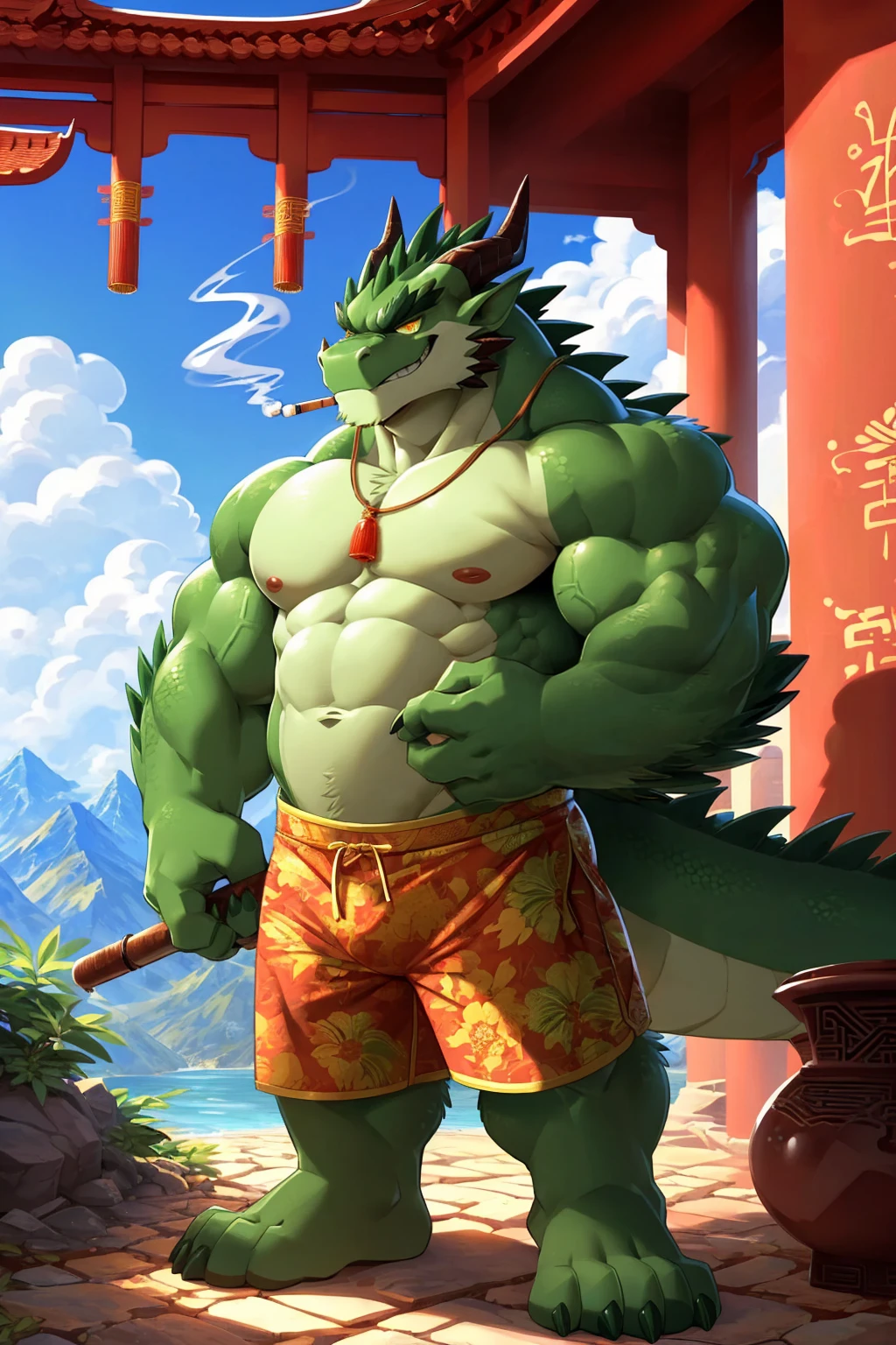(sfw:1.5), male focus, Handsome 1boy, solitary,protrait photo, (Dark green thick eyebrows:1.3),single, (Dark green nails, Dark green paws:1.4), Green skin, (Green tail:1.4), (Perfect yellow eyes, perfect yellow eyes:1.4), (Green body:1.3), (Dark green scales:1.3), (深绿色的Dragon Horn, Dark green horn:1.3),(Light green belly, Light green chest, Light green inner arm:1.3),
Chinese dragon, Oriental Dragon, feet, chinese dragon, dragon boy, dragon body, (evil eyes, big eyes, large eyes:1.4), Dragon Claw, Dragon Horn, Dragon Tail, (Chubby, The body is huge, Larger face:1.3), (Bare neck:1.4), (Four toes:1.4),
(Chinese costume, Chinese shorts:1.4), (Light green jade pendant:1.1), (Topless:1.3), (pipe:1.4),
(full body:1.3), (Mature men:1.4), (Strong body, muscle,Strong male, muscle男, Bare chest muscles:1.3), (Red nipples:1.1), (Abdominal muscles:1.4), belly button, (bare arm, Thick arms:1.3), (Standing:1.3), Laziness, languid, Comfortable, (Looking at the audience, Focus, Eyes gaze:1.1), enjoy, (evil smile, evil grin, Smirk, Grin:1.4), (smokes, Smoking:1.4),
full background, ground, Blue sky, White Cloud, daytime, Mountain, Ancient buildings,
Mysterious and romantic atmosphere, Caustic lines(refraction, polarization)Perfect anatomical structure, absurd, Detailed background, (Delicate eyes:1.3),Printing style。((artist:Takemoto Arashi))