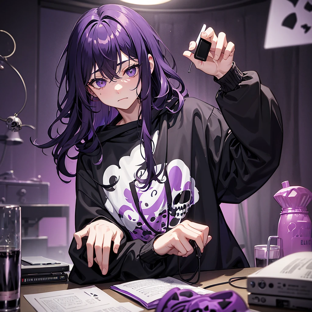 Boy with wavy hair, with black skull purple color sweatshirt messy hair and drugs on the table and sad and a low purple room and purple moonlight lying on a bed with a phone and wire headphones