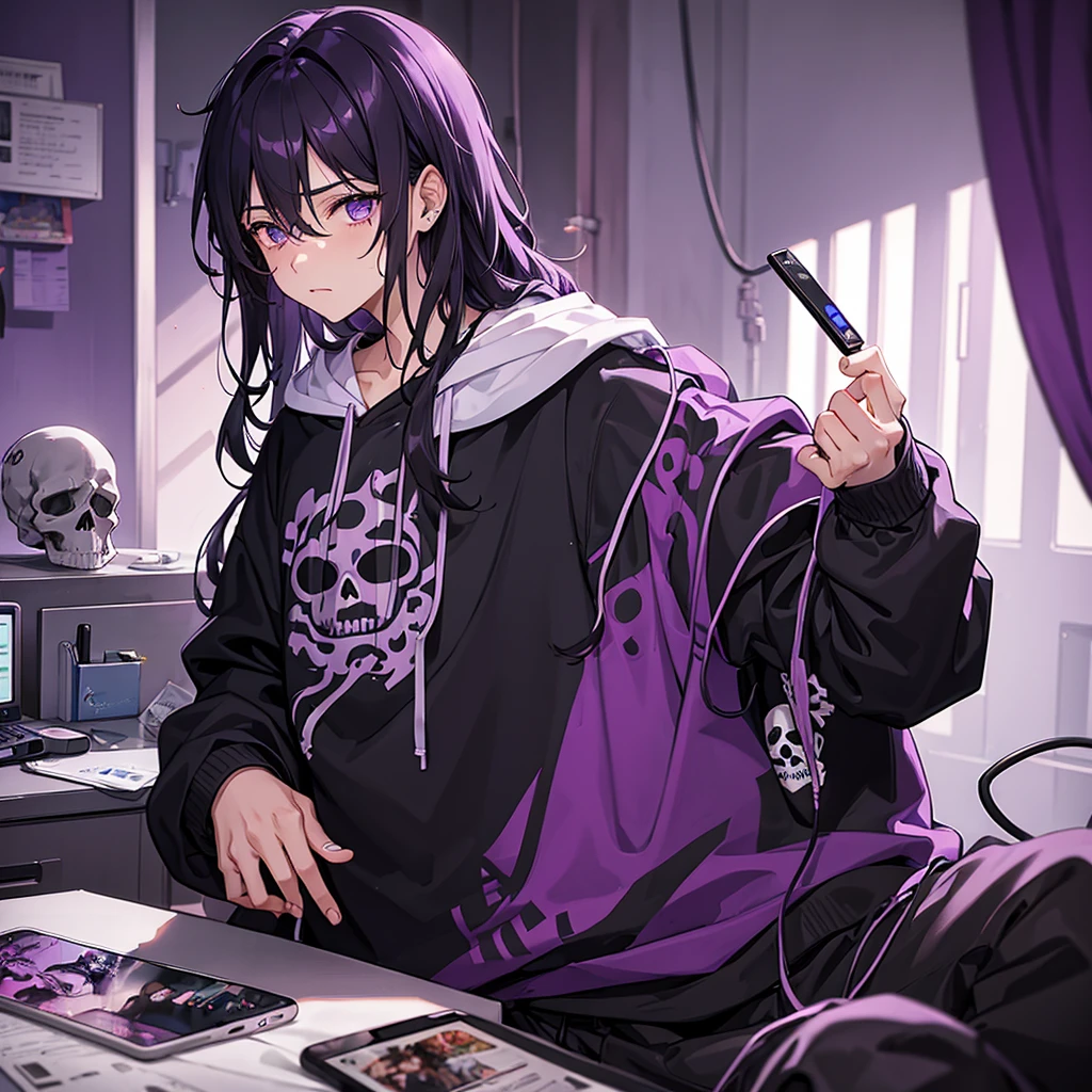 Boy with wavy hair, with black skull purple color sweatshirt messy hair and drugs on the table and sad and a low purple room and purple moonlight lying on a bed with a phone and wire headphones