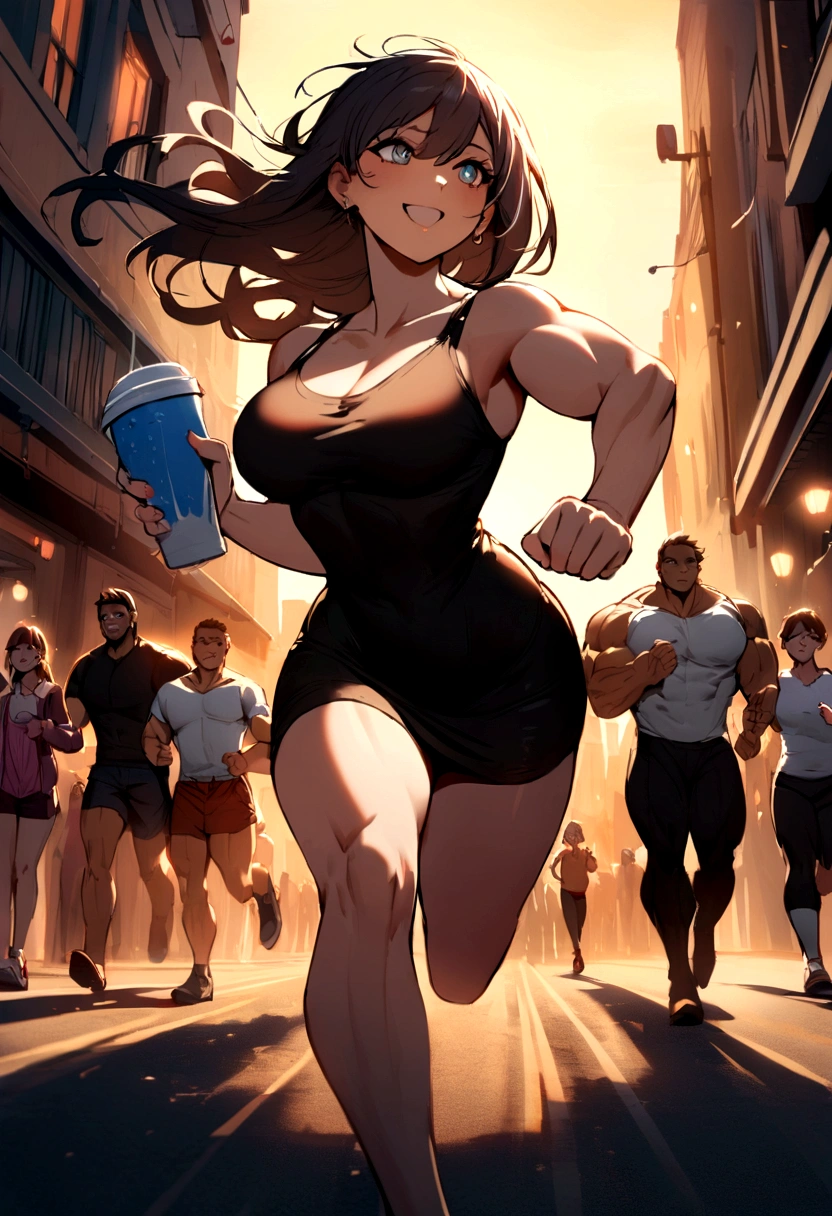 Beautiful girl hold FIN PLUS COFFEE in her hand, she run to give her boyfriend who has big muscle, while she is running, she is fully impressed and smiled through people's eyes on both sides of road