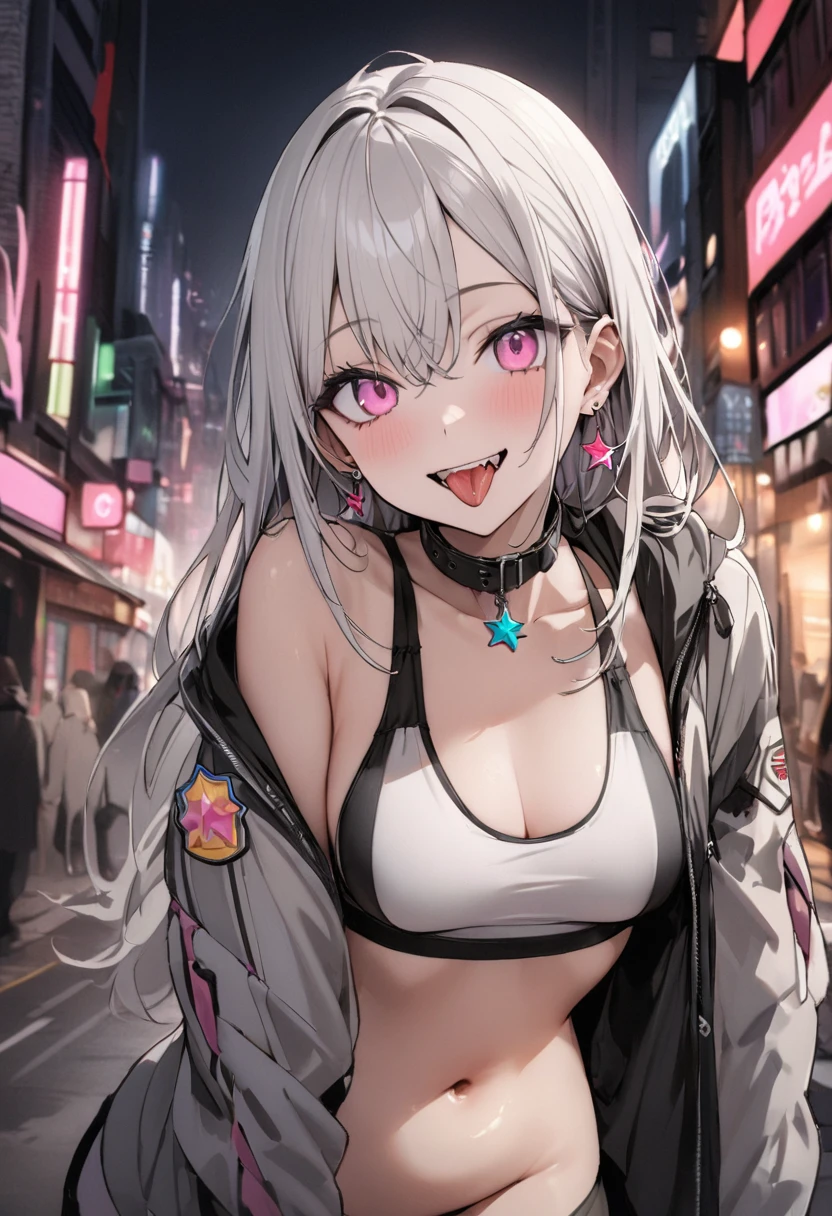 (masterpiece:1.2)、Highest quality、PIXIV、Rebellious girl、One girl、Open your mouth、鋭いteeth、teeth、Long Hair、Street background、gem、badge、ボタンbadge、Food、Pink Eyes、Earrings、Jacket、eyelash、Foodを下にして、star (symbol)、Upper Body、Characters in clothes、zipper、collar、cable、chain、tongue、Stickers、hoodie、smile、spike、Focus on the viewer、長いtongue、Chest in the center、Shoulder Bare、Belly button、Black and white hair color,leaning forward,Cyberpunk city,Night view,Black and white grey outfit,fallatio,Absolute area,1boy,Sports Bra,Put fingers on chest