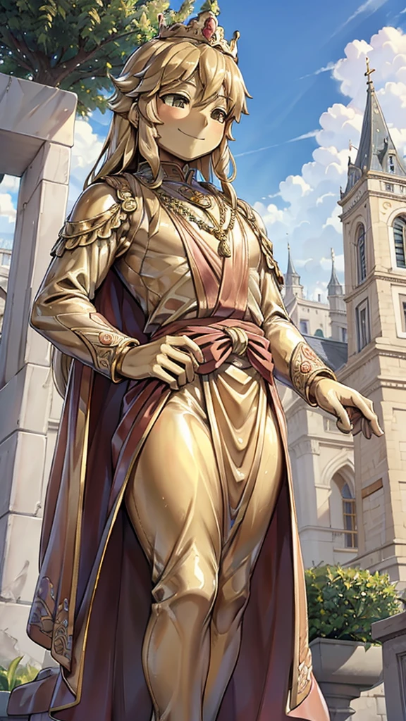 王子的Gold statue,Prince style,Prince costume,宫廷Dress,Gold statue,男孩的Gold statue,带着黄金冠冕的Gold statue,脚边停着一只燕子的Gold statue,Golden Boy Statue,Gold statue,Long hair,Dress,Dress,西式宫廷男士Dress,Cute boy,British style,Victorian style,crown,crown,Golden Boy Sculpture,Golden Boy Statue,Gold statue,Gold statue,Giant golden statue,Giant golden statue,Outdoor Background,Smiling statue,Close-up above the waist
