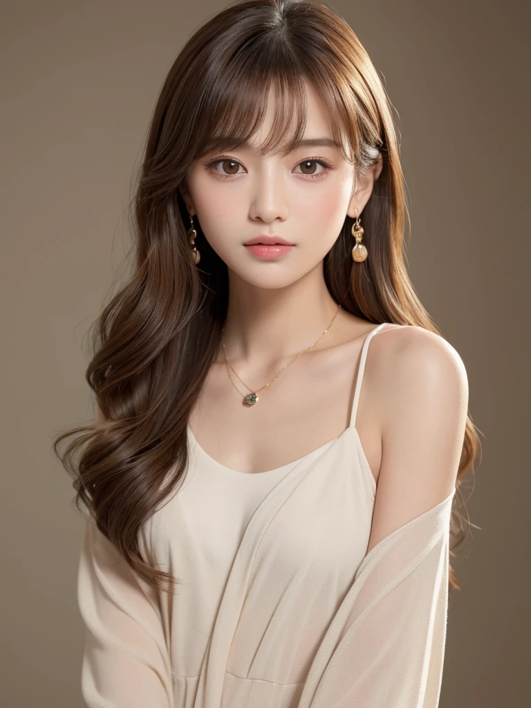 ((Highest quality, 8K, masterpiece:1.3)), concentrate: 1.2, Perfect body beauty: 1.4, Hips: 1.2, ((Long Hair, chest: 1.2)), (Dry clothes: 1.1) , (clear, Simple Background:1.3), Simple clothes: 1.1, Highly detailed face and skin texture,Delicate eyes, double eyelid, Whitened skin, Rough skin、Long Hair、Earrings with bangs、necklace、 solo、Beige coat、White shirt, (((Beautiful girl with cute Japan)))、 ((Beautiful Japanese girl 20 years old))、 ((Baby Face))、 (((Slender body)))、 Upper Body,Face focus、necklace,Simple Background,From above, Realistic Hair、 A photograph was taken:Canon EOS R6、135mm、1/1250 seconds、f2.8、ISO400、(Detailed explanation of the hand)、(Masseter muscle area)、(Exquisite CG)、Long Hair, loose and curly hair、Korean Hair、Long Hair明るいベージュ色、グラデーションハイライトグレージュのゆるふわLong Hairスタイル、
